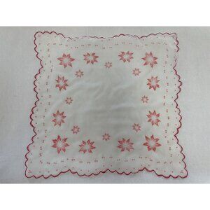Vintage Floral Christmas Handkerchief Red Scalloped Edges 13"x13"